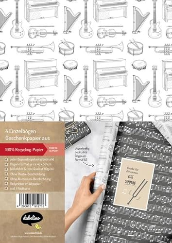 Geschenkpapier-Set: Musik, Instrumente, Noten: 4x Einzelbögen + 1x Postkarte
