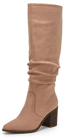 Huiyuzhi Womens Pointed Toe Knee High Boots Mid Chunky Heel Faux Suede Side Zipper Riding Booties