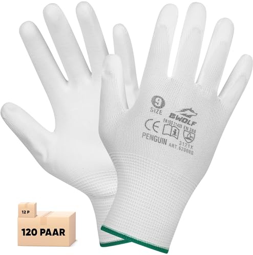 BWOLF PENGUIN Work Gloves Men/Work Gloves Women Gloves Non-Slip Assembly Gloves Seamless for , Precision Work, Automotive Industry, Car Service (10 (12 Pairs), White)