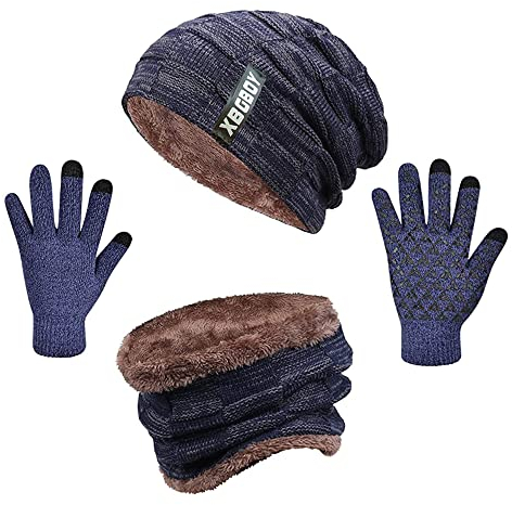 Swygoo Winter Beanie Mütze Schal und Touchscreen Handschuhe Set, Strick-Thermo-Set mit Kuscheligem Fleece-Futter, Slouchy Beanie-Kappe, Nackenwärmer und Handschuhe für Damen und Herren (Dunkelblau)