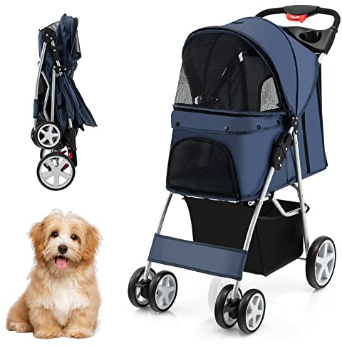 COSTWAY Hundvagn husdjur buggy upp till 15 kg, hundvagn med nätfönster och mugghållare och hänge, kattvagn för små hundar katter (mörkblå)