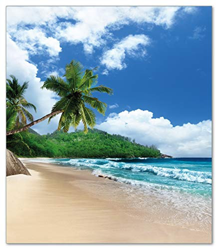 Wallario Herdabdeckplatte/Spritzschutz aus Glas, 52 x 60 cm, 1-teilig, für Ceran- und Induktionsherde, Motiv: Urlaub auf den Seychellen unter Palmen am Sandstrand