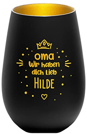Kerzenhalter aus Kristallglas mit Wunschgravur - Motiv: Oma Liebe - Farbe schwarz-Gold - personalisiert - rundes Glas - Windlicht, Teelicht - LED Tischdekoration - Geburtstag - Grandma