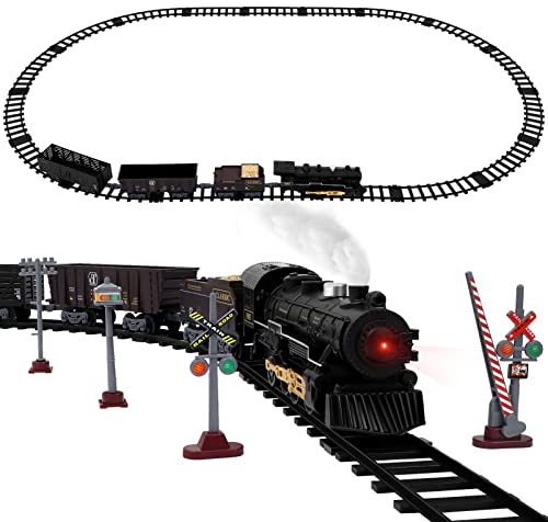 Toyvian Elektrisches Zugset für Kinder,batteriebetriebenes Zugset,elektrische Spielzeugeisenbahn mit Dampflokomotive,Eisenbahnzugset mit Rauchlichtern Geräuschen für Jungen Mädchen,44CNQOHF019359OJGE