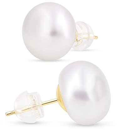 KEZEF Perlenohrringe 585 Gold | Echte Süßwasserperlen Ohrstecker Damen | Perlen Weiß | 14K Gold Stecker | Hypoallergen | Verschiedene Größen