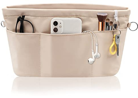SUPRBIRD Organizador Interior de Bolsos de Mujer de Nylon con Cremallera y Llavero, 13 Bolsillos, Beige (L)