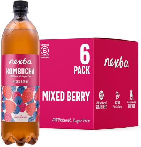 Nexba Mixed Berry Kombucha 1 L (Pack of 6) | All Natural, Sugar Free, Healthy Family‑Size Berry Elixir