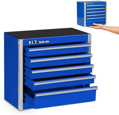 P.I.T. Mini Blue Tool Box, Portable 5-Drawer Micro Roll Cab Steel Tool Box with Liner, Blue Small Tool Case for Tools Storage, Home DIY
