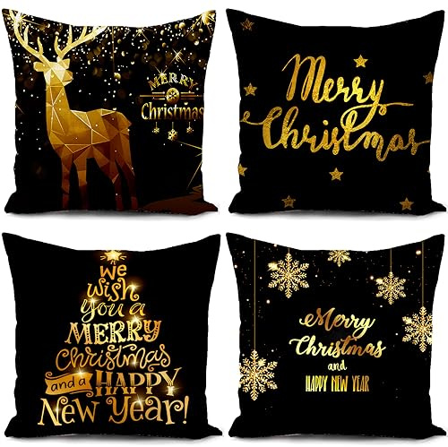 HUASHUZI Weihnachtskissen Kissenbezug 40 x 40 cm Schwarz Weihnachten Weihnachtsdeko Weihnachtskissenbezug Christmas Decorations Weihnachtsfeier 4er Set
