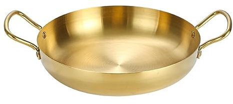 RSBFER Spanische Paella-Pfanne aus Edelstahl, antihaftbeschichtete Kochpfanne, unbeschichtet, mit Doppelgriff für Zuhause oder Restaurants,Gold,24cm