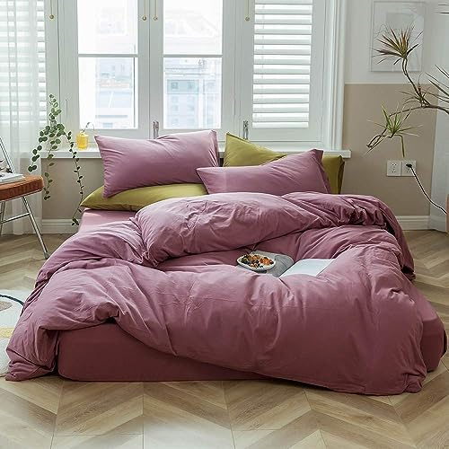 AMWAN Juego de Funda nórdica de 3 Piezas, algodón de Punto Jersey, 1 Funda de edredón y 2 Fundas de Almohada, tamaño matrimonial, 203,2 x 228,6 cm, Color Malva pálido