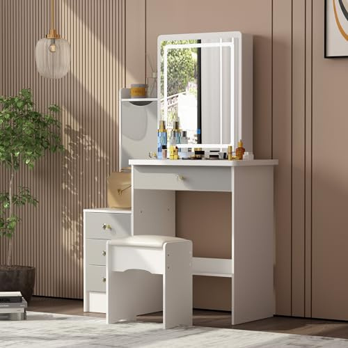 Caldion Toeletta,Toilette Trucco con Sgabello e Luci,Postazione Trucco con Specchio,Tavolo da Trucco con 5 Cassetti bianco&grigio
