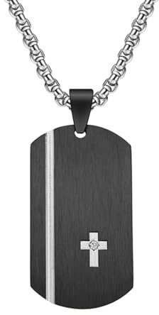 Mesnt Halskette Edelstahl Anhänger, Matte Hundemarke mit Kreuz-Anhänger Halskette aus Edelstahl für Herren Schwarz