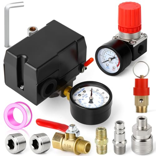 MEANLIN MEASURE Air Compressor Pressure Switch Control Valve 135-175 PSI 110V-240V 4-way Replacement Parts With 0-180 Psi Air Compressor Regulator and Safety Pressure Relief Valve