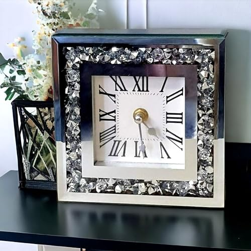 SERENA'S ® Elegant Square Crushed Diamante Mantle Clock with Roman Numerals – Mirrored Glass Design for Stylish Desk or Table Décor – Perfect for Home or Office – 15cm x 15cm