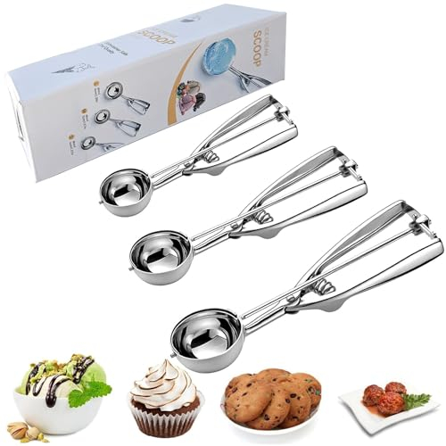 YUANQIAN Cuchara de helado, juego de 3 cucharas de galletas, cuchara de helado de acero inoxidable con liberación de gatillo, cuchara de galletas grande/mediana/pequeña para hornear, cucharas de
