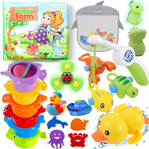 Lubibi Jouets de Bain Bébés,Animaux Jouets Flottants,Jouet Bebe 6 Mois,Jouet Bain Bébé 1 2 3 Ans,Jeu de pêche, Gobelets Empilables,Canard en Plastique,Sac de Rangement,Enfants,Garçons, Filles