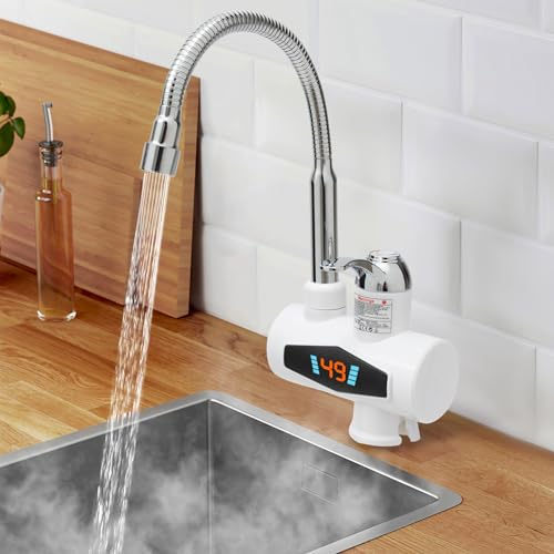Elektrische Wasserhahn mit Durchlauferhitzer 220v für Küche, Garten, Bad, Wohwagen, Camping, Armatur mit ablesbarer LED Sofortiger Warmwasserbereiter, Warmwasserhahn, Küchenarmatur, Wasserboiler