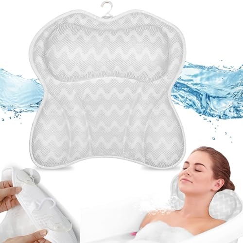 PEACEMALL Premium Badewannenkissen Nacken - Badekissen für Badewanne - Kissen Badewanne für Nacken - Wannenkissen weiß - Nackenkissen 4D Air Mesh Kissen mit 6 Saugnäpfen - Ink. Waschbeutel
