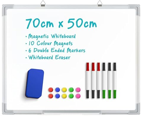 Magnetic Whiteboard 70 X 50 cm, Wall Hanging White Board with 10 Colour Magnets, 6 Double Ended Market Pens,Whiteboard Eraser, Drawing Memo Notice Board for Office, School