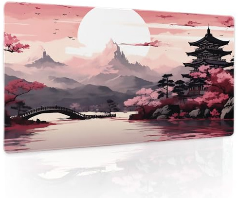 Grand tapis de souris de jeu Sakura japonais rose, tour de cerisier en fleurs, paysage de montagne, base en caoutchouc antidérapant, bords cousus pour ordinateur, 60 x 35 cm
