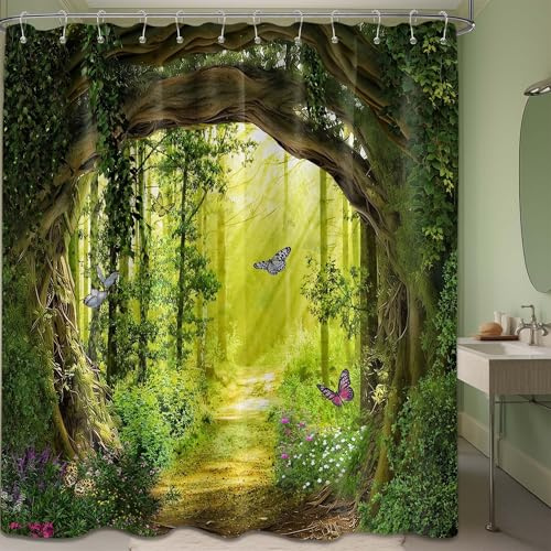 QGHOT Spring Enchanted Forest Shower Curtains for Bathroom Green Tree Nature Mountain Shower Curtain Sets Unique Decorative Bath Decor, Waterproof Cloth Fabric with Hooks 70x72 inch