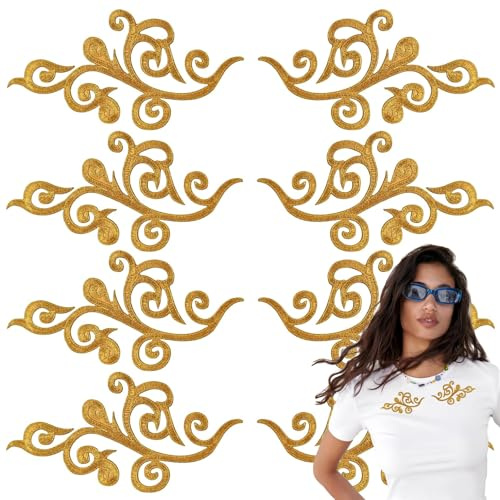 6 Pairs Metallic Embroidered Iron on Patch Trim Fringe Leaves Glitter Retro Boho Embroidered Appliques Iron-on Patches for Dress Pillow Sewing Accessories Embellishment (Gold)