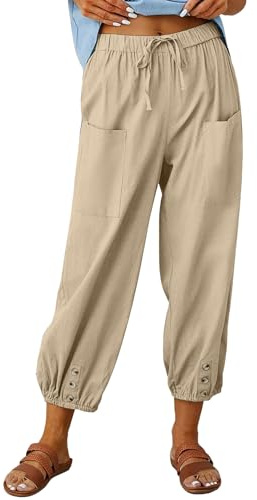 Pantalones Mujer Verano Cómodo Pantalón Anchos de Largo 7/8 Algodón Harem Pantalones Cintura Elástica Ligeros Pantalones