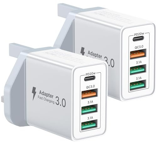 USB C Charger, 2-Pack 40W USBC Plug 4-Port Fast Charger Plug UK PD Power Adapter+QC, Multi USB Plug Type C Charging Plugs for iPhone 16 15 14 13 12 Pro Max Plus XS XR SE, iPad, AirPods, Samsung