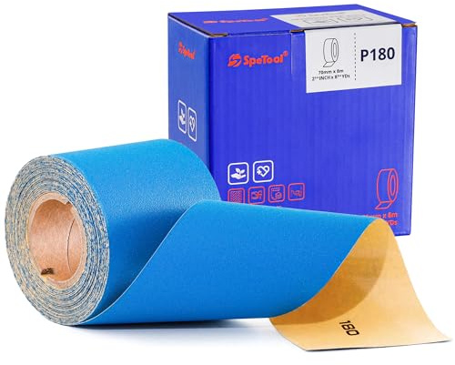 SpeTool Rollo de papel de lija de cerámica, 70 mm x 8 m, grano 180, PSA Langbahn Langbahn Rollos de papel de lija de óxido de aluminio autoadhesivo para coches, bloques de lijado de mano, madera,
