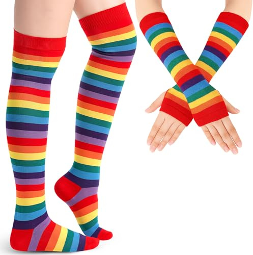 Blulu Arm Warmers Leg Warmers for Women Striped Thigh High Socks Fingerless Gloves Striped Stockings (Rainbow Red)