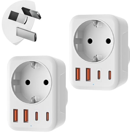 Denlane Adapter Australien, 5 in 1 Reiseadapter Australien mit 1 AC & 2 USB-C & 2 USB-A(3.4A), Adapter China Neuseeland Argentinien Fidschi Deutschland Stecker, Reisestecker Typ I (2-Pack)
