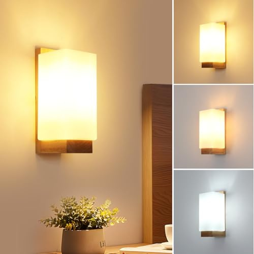 Comely Holz Wandleuchte Innen Vintage Wandlampe mit Glas Schirm E27 (Braun) | Mit 1*E27-Glühbirne, Elegante Wandbeleuchtung für Wohnzimmer Korridor Schlafzimmer Flur