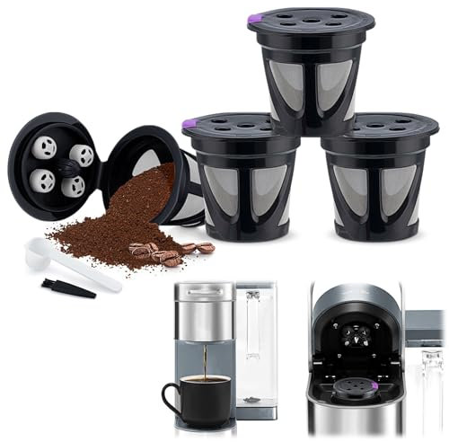 Lot de 4 filtres à café réutilisables avec cuillère à café, dosettes de café intégrées en maille d'acier inoxydable (noir)