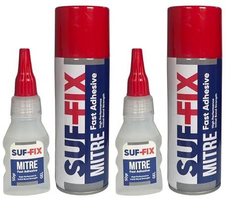 SUF-FIX 2x Mitre Fast Adhesive Spray and Gel Kit | 50g Superglue Adhesive & 200ml Activator Spray | 10-Second Instant Bond | Strong Glue for Wood, MDF, Plastic, Rubber, Glass, Leather & Metal