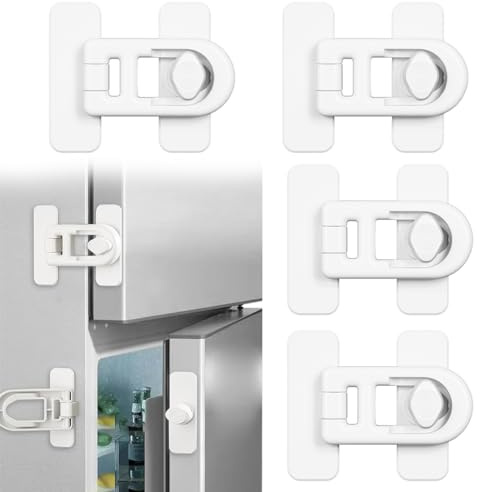 4 Piezas Cerradura para Refrigerador Seguridad Puertas Niños, Cierre Seguridad Cajones Bebe, Seguro Puertas Bebe, Cierres Seguridad Bebe, Pestillo Puerta Sin Agujeros, Para Cajones Neveras, Blanco