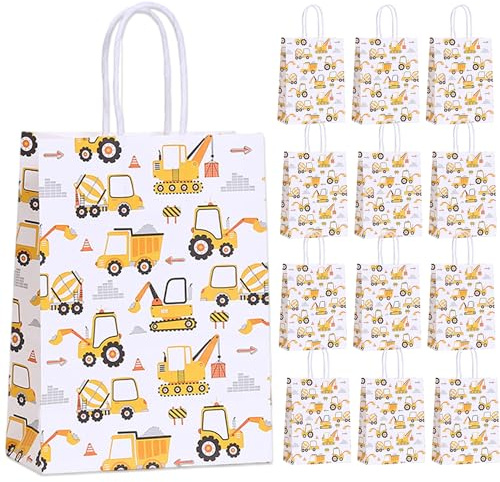 12 Stück Bagger Geburtstag Papier Geschenktüten Set - Baustelle Mitgebsel Tüten Papiertüten mit Henkel, Baustellen Gastgeschenke für Kindergeburtstag Junge Mädchen