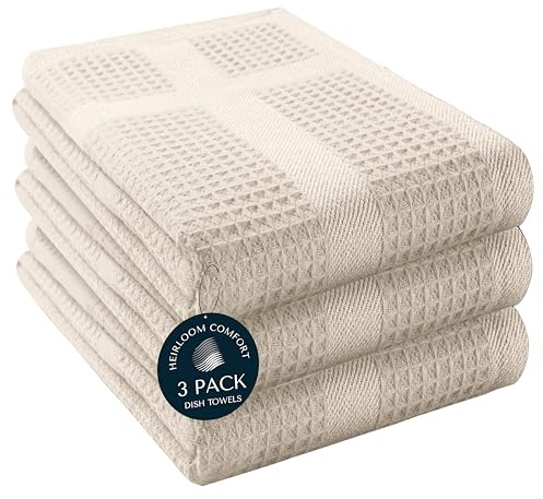 HEIRLOOM COMFORT Waffle Weave Kitchen Towels with Hanging Loop, 3 Pack, 100% Cotton, 40x66 cm, Super Absorbent, Fast Drying Dishcloth Set, Soft for Cleaning Dishes, Hand Towel, Durable, Ivory