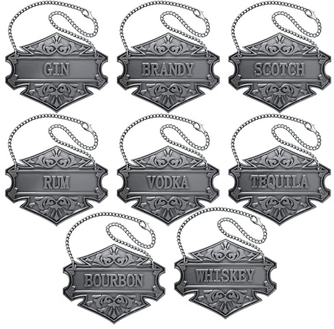 BetLight Juego de 8 etiquetas para decantador de licor de estilo vintage, acabado plateado antiguo, etiquetas colgantes de cadena para ginebra, vodka, bourbon, whisky, brandy, ron, escocés, tequila