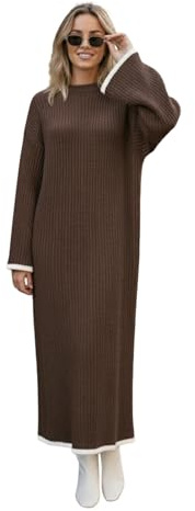 janisramone® Contrast Piping Trim Knitted Jumper Maxi Dresses for Women UK | Knitted Warm Fabric, Contrast Piping Detail, Long Sleeve Jumper Dress, Soft Texture Pullover Winter Maxi Dresses For Women UK