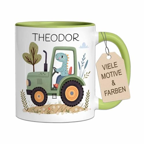 Personalisierte Kindertasse aus Keramik mit Namen | Tasse mit Retro Tier-Motiv als Geschenk für Jungen & Mädchen zu Geburtstag, Einschulung (Traktor, Grün)