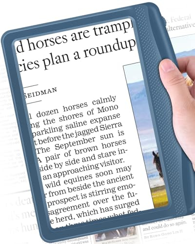 Shelepro Rechargeable 5X Magnifying Glass for Reading, Large Bright Full Page Magnifier with Light, Handheld LED Dimmable Lighted, Lightweight Book Magnifier for Reading Small Prints Seniors - Blue