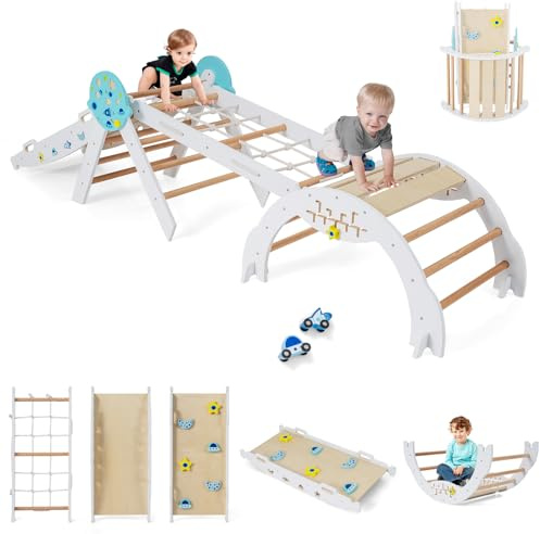 GOPLUS 9-in-1 Klettergerüst Indoor, Kletterdreieck Holz, 4er Set Kletterspielzeug mit Kletternetz, Kletterbogen, Wippe & Leiter, inkl. doppelseitige Rampe & Baustein Set, Sprossendreieck für Kinder
