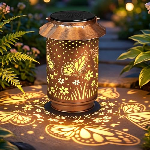 Ollny Solar Lights Outdoor Garden, Garden Ornaments Outdoor Metal Butterfly Solar Lanterns Outside, Birthday Gifts for Women Mum Grandma, Waterproof Hanging Solar Garden Lights for Patio Lawn Yard