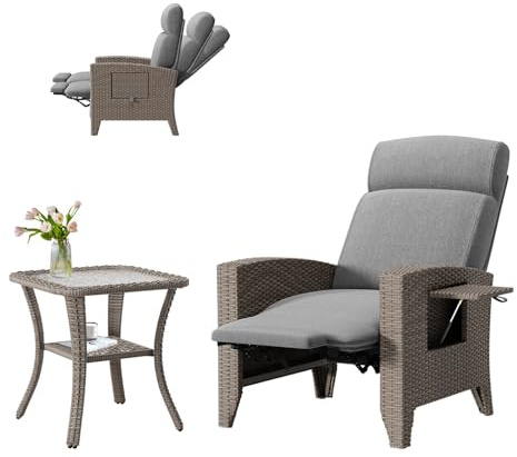 lovtuwr Rattan Gartensessel Set, Relaxliegen mit Verstellbarer Rückenlehne, Sitzkissen, Balkontisch und Abdeckung,Gartenmöbel Liegen (B-(L)+Couchtisch)