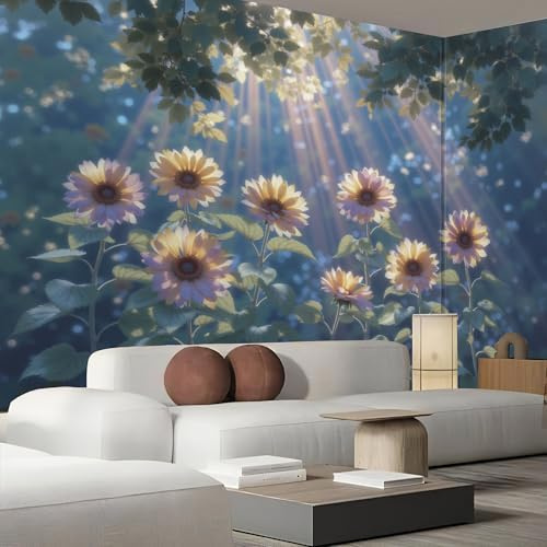 Papel Pintado Pared 3D Sol Bosque De Girasoles 250X175Cm Fotomurales Paisaje Natural, Azul Profundo Papel Tapiz Grande Murales Fotográfico Moderno Decoración De Pared Para Sala Dormitorio