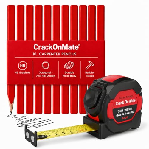 8m Tape Measure 26ft Autolock Magnetic Heavyduty & 10pack Carpenter Pencils | Marking set, 25mm wide double sided nylon blade,heavy duty , magnetic hook, shockproof case, 10 octagonal builders pencils.