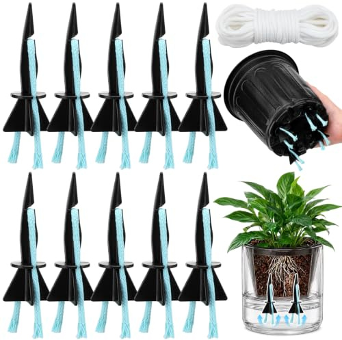 10 Pack Self-Watering Plant Spikes with 32.8ft Capillary Wick Rope | Automatic Capillary Watering Stakes Plant Watering Devices DIY Holiday Plant Waterer for Indoor Outdoor Plants Seedlings Pots