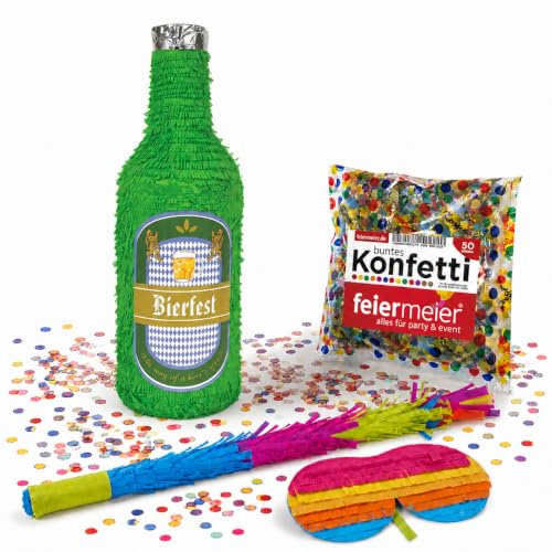 Pinata-Set | 4-tlg. mit Augenmaske, Schlagstock und Konfetti (Bierfest Bierflasche | 20x20x76cm)
