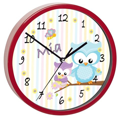 CreaDesign, Wanduhr für Kinderzimmer Eule Frühling, Kinderuhr rot mit Quarz Uhrwerk, personalisiert mit Name, Durchmesser 19,5 cm